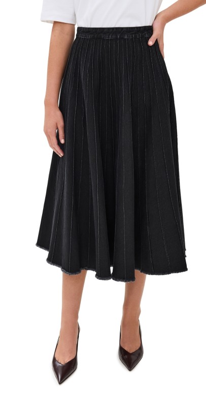 Tibi Vintage Black Denim Pintucked Denim Skirt Black