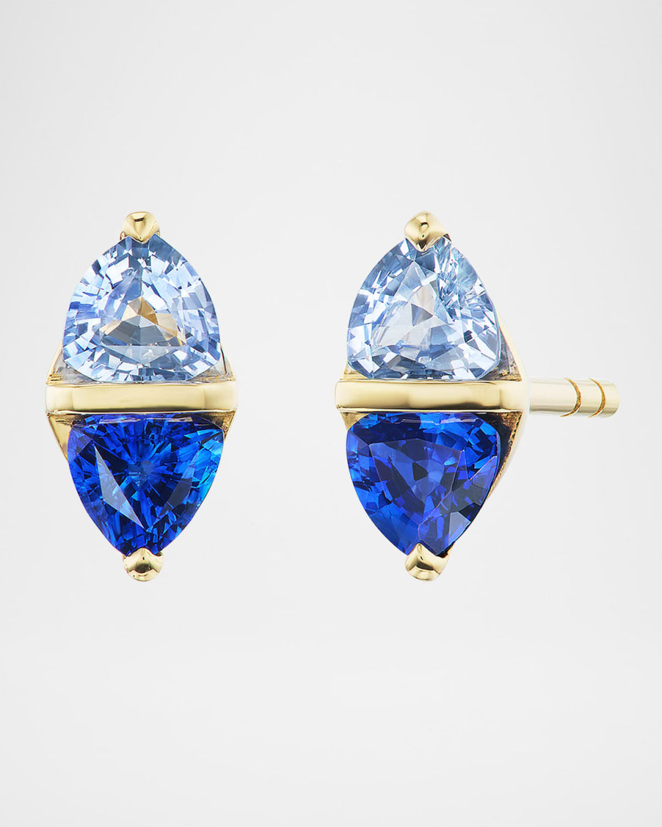 Diamond Stud Earrings in 18K Yellow Gold and Blue Sapphires