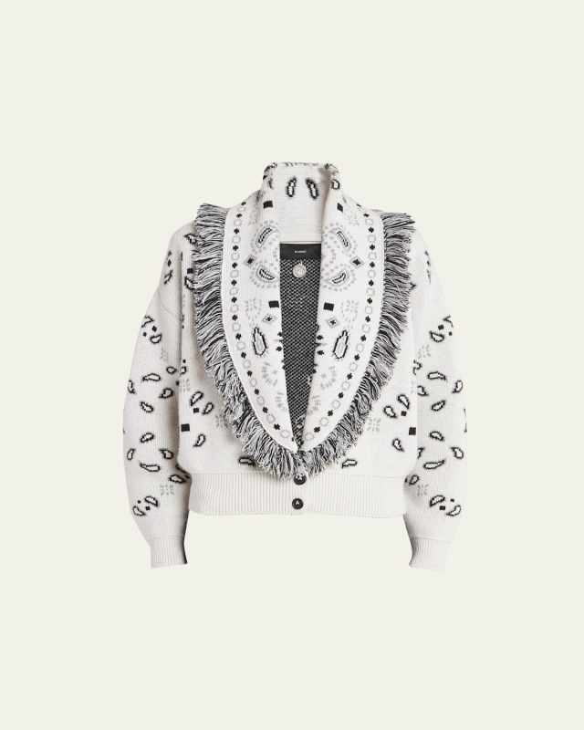 Bandana Jacquard Wool-Cashmere Cardigan Bomber, Whit