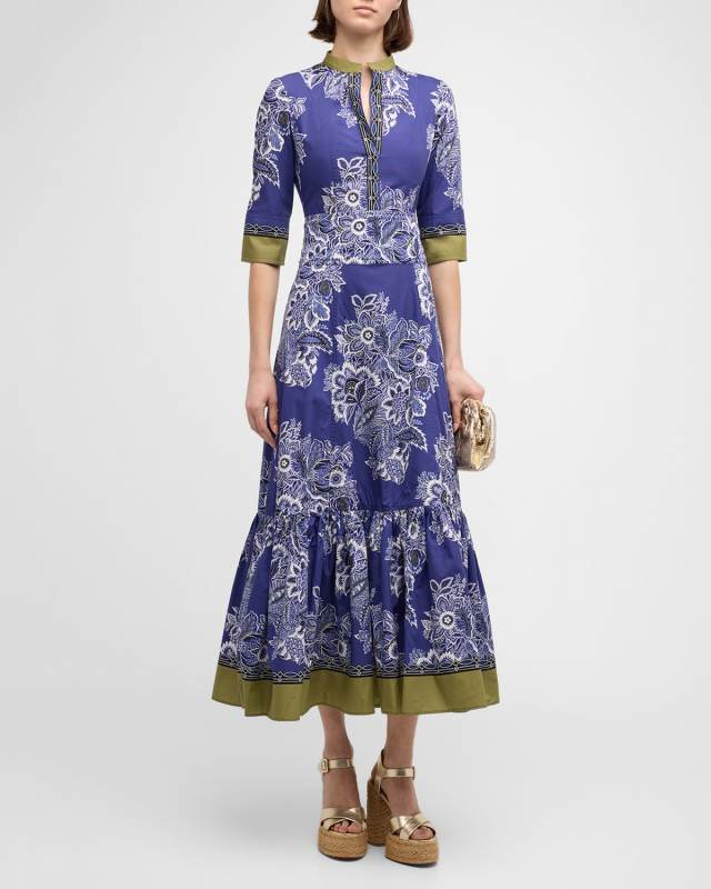 Bandana-Print 3/4 Sleeve Midi Dress
