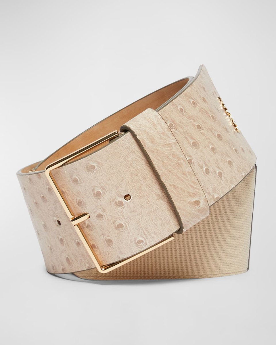 Ostrich-Embossed Leather & Elastane Belt