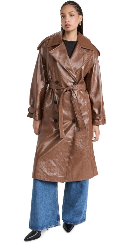 Apparis Isa Crinkle Faux Leather Trench Coat Camel