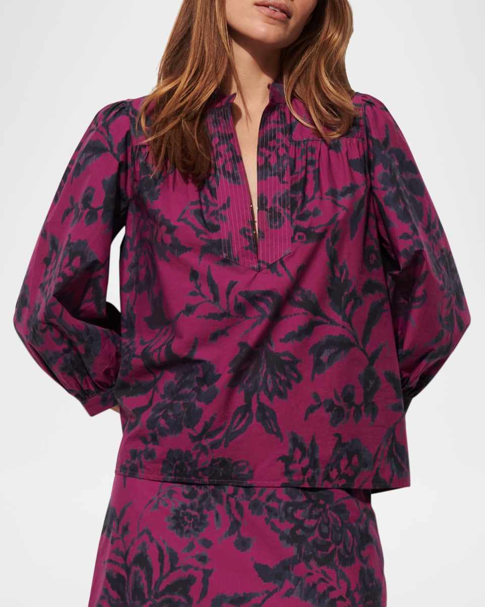 Danilia Floral Cotton Split-Neck Top