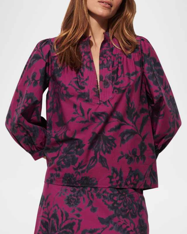 Danilia Floral Cotton Split-Neck Top