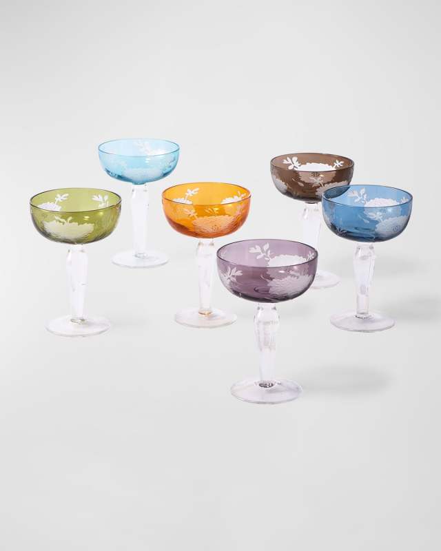 Multicolor Peony Coupe Glasses, Set of 6