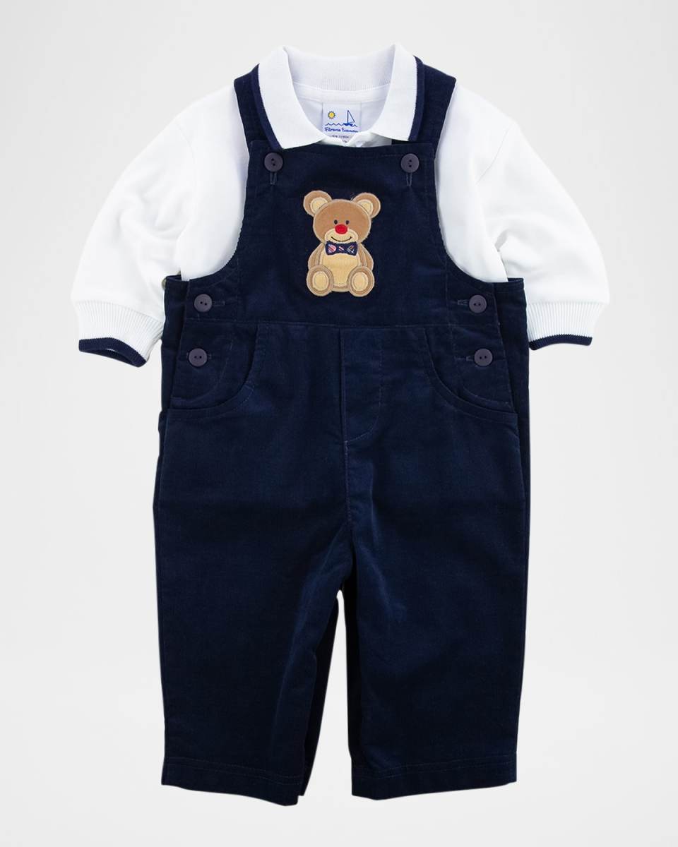Boy's Corduroy Overalls W/ Teddy Applique & Polo Shirt, Size 6M-24
