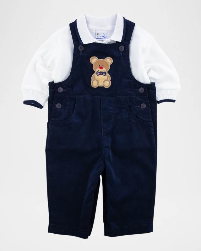 Boy's Corduroy Overalls W/ Teddy Applique & Polo Shirt, Size 6M-24