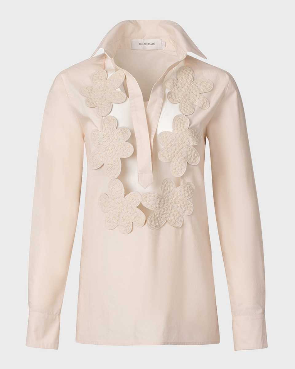 Karole Flower-Embroidered Bib Cotton Blouse