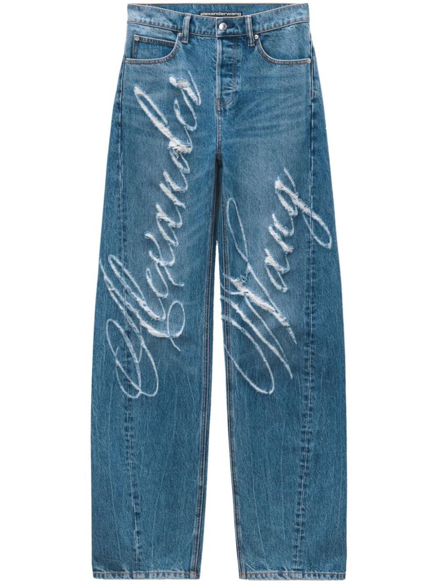 logo-frayed wide-leg jeans