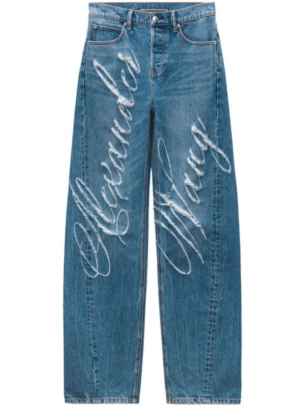 logo-frayed wide-leg jeans