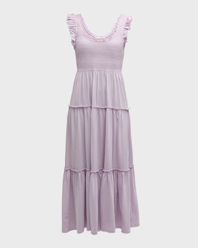 Chessie Smocked Flutter-Sleeve Tiered Midi Dress