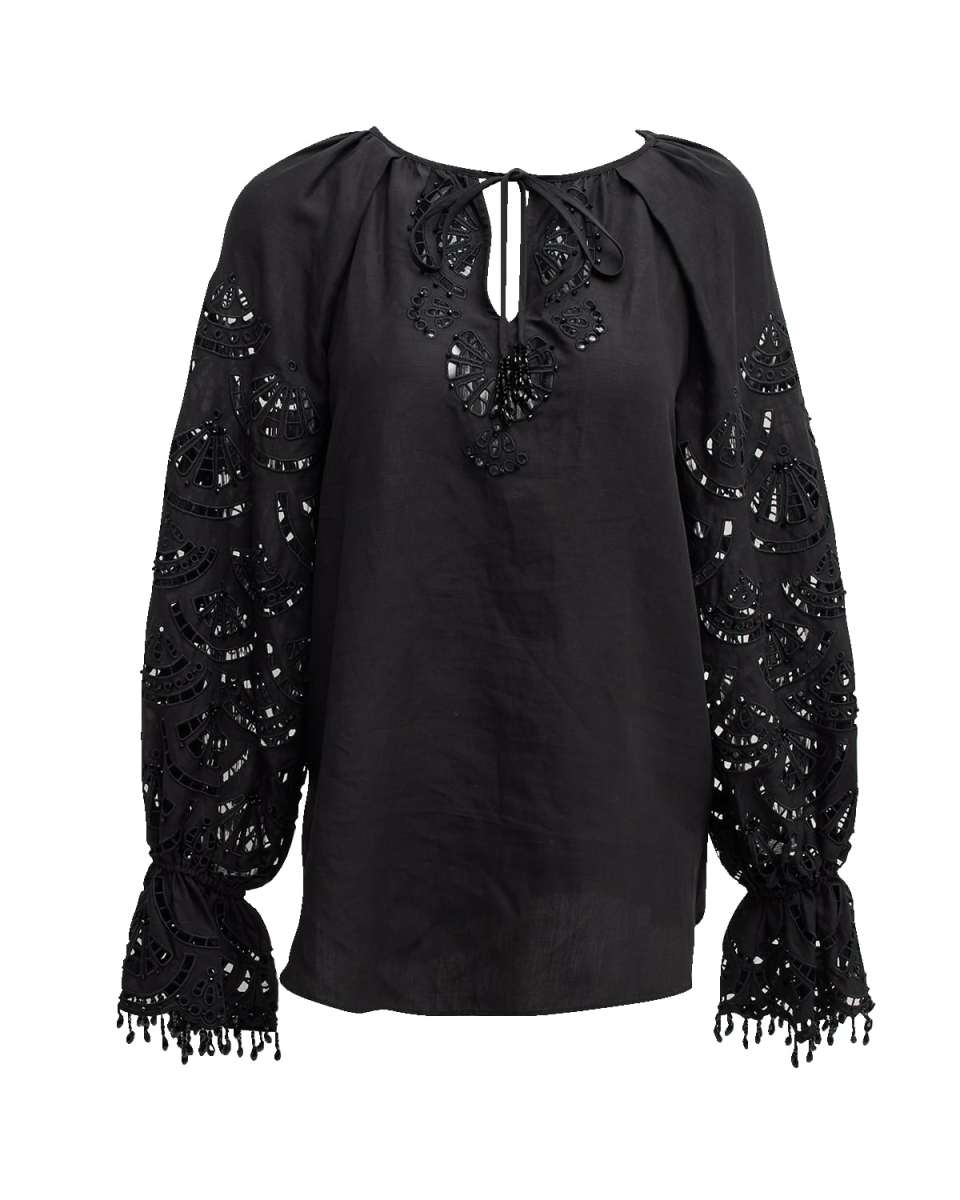 Simi Beaded Cutout Blouson-Sleeve Blouse