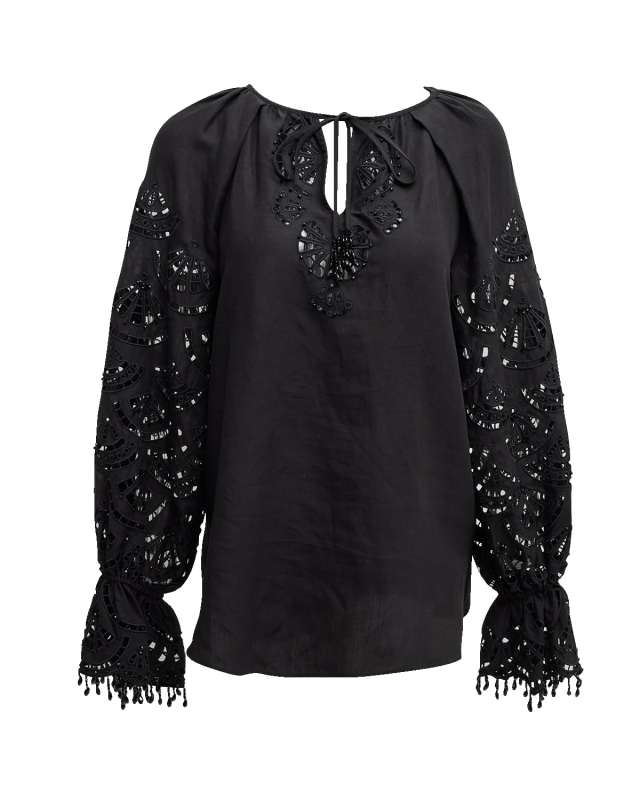 Simi Beaded Cutout Blouson-Sleeve Blouse