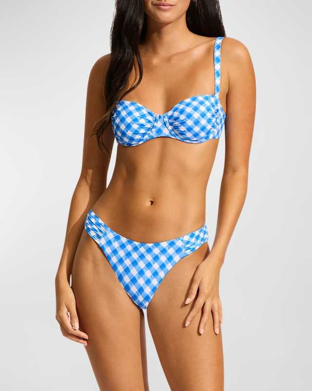 Plaid High-Leg Ruched Bikini Bottoms