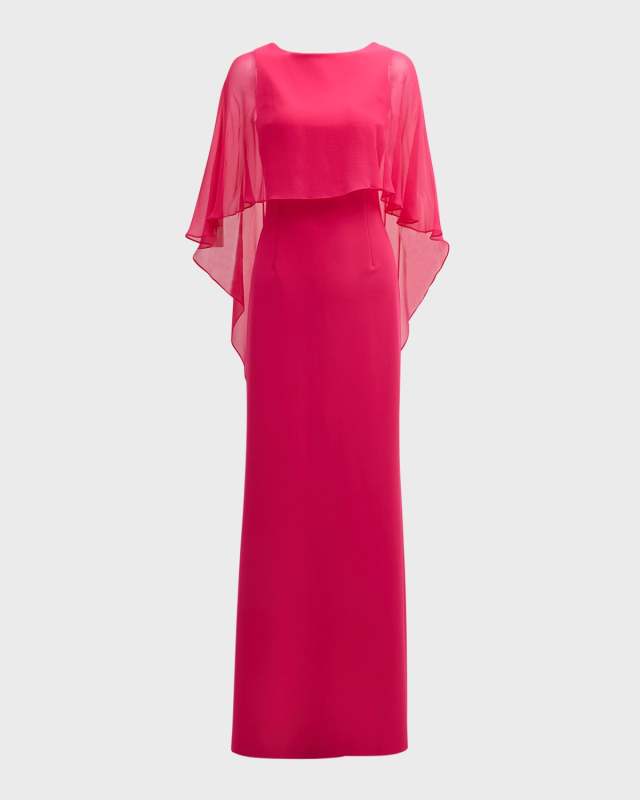 Cape-Sleeve Crepe Column Gown