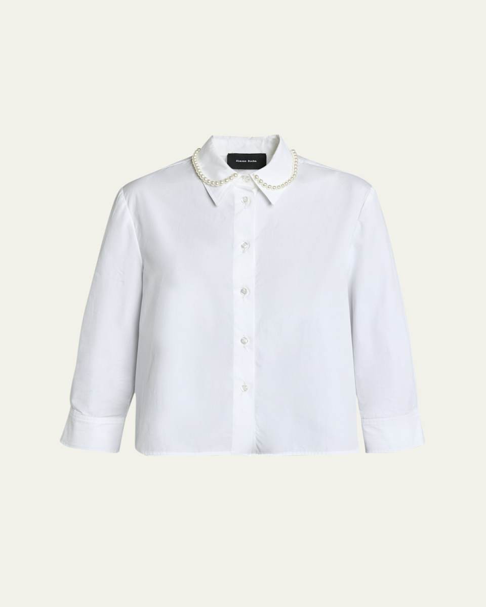 Cropped Button-Front Shirt with Pearlescent Embellishment