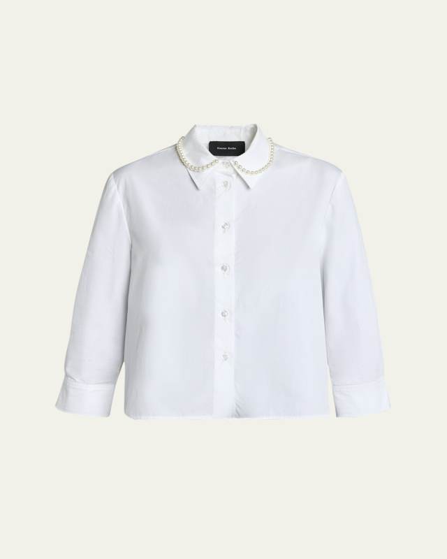 Cropped Button-Front Shirt with Pearlescent Embellishment