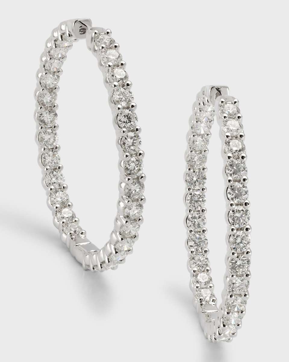 18K White Gold Round Diamond Hoop Earrings, 10.0tcw, 1.75"L x 0.16"W