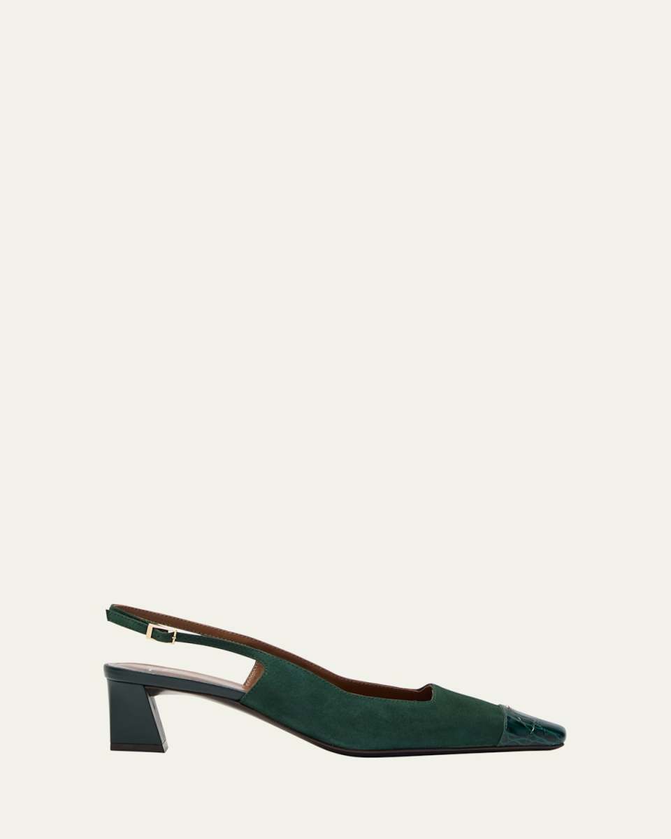Mixed Leather Cap-Toe Slingback Pumps