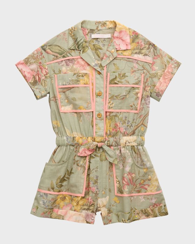 Girl's Waverly Floral-Print Romper, Size 4-12