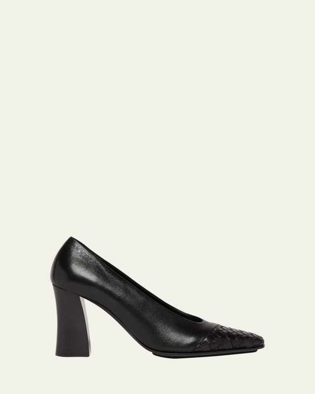 Mixed Leather Block-Heel Pumps