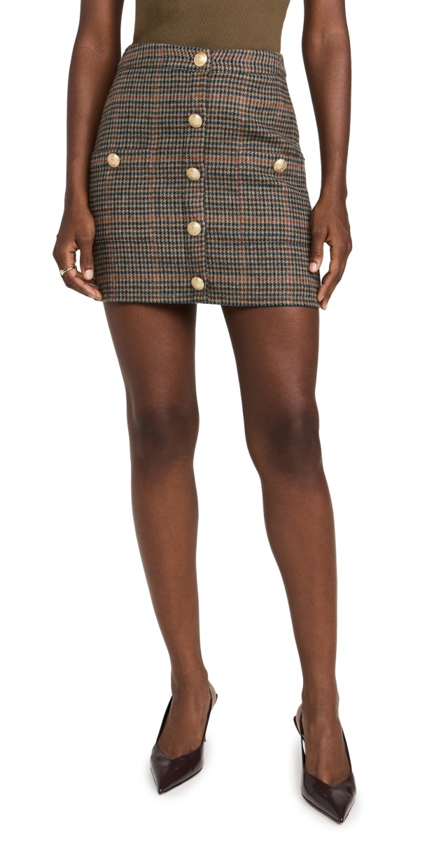 L'AGENCE Zander Button Mini Skirt Tan/Teal Plaid
