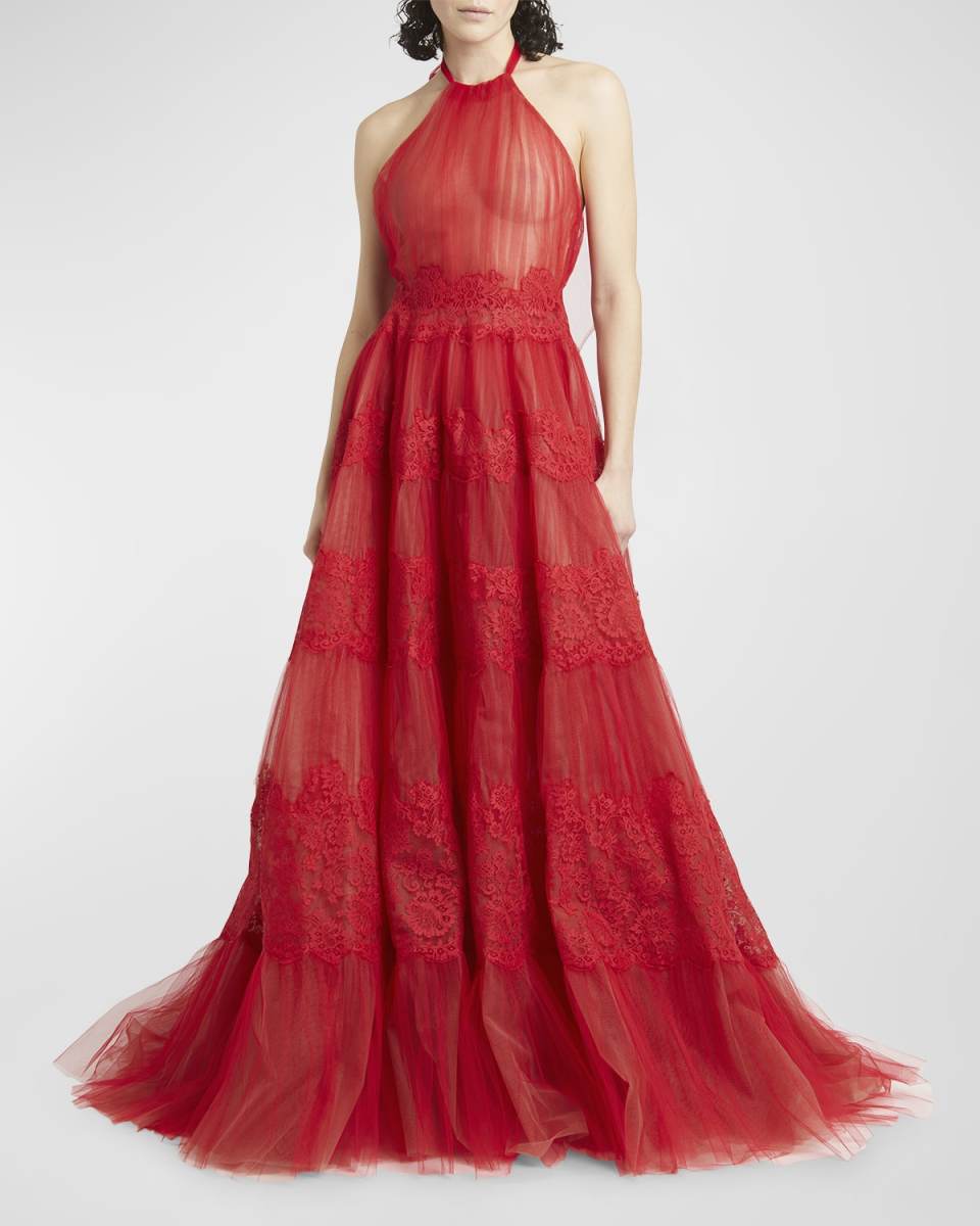 Sheer Tulle Lace Panel Halter Backless Gown