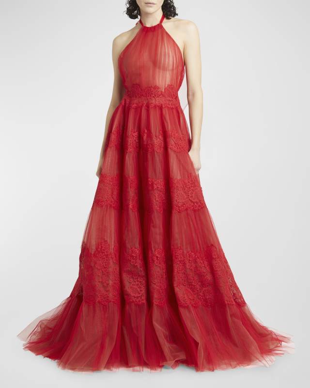 Sheer Tulle Lace Panel Halter Backless Gown