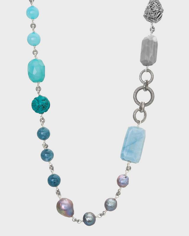 Blue Opal, Turquoise, Aquamarine, Chalcedony and Pearl Necklace
