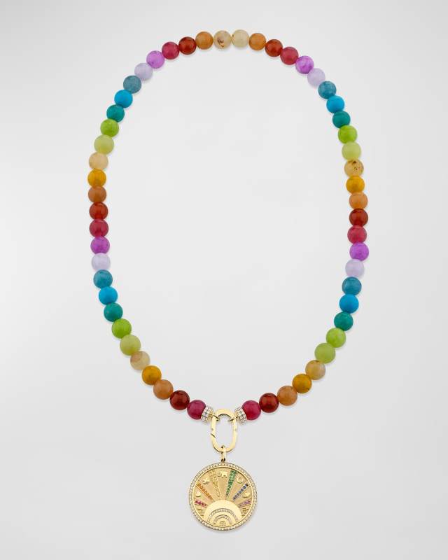 14K Yellow Gold Rainbow Bead Necklace with Coin Charm