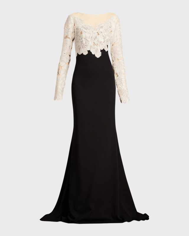 Floral-Embroidered Crepe Trumpet Gown