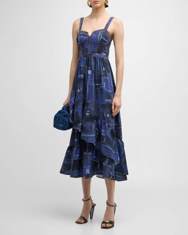 Jordyn Patchwork Denim Tiered Ruffle Bustier Midi Dress