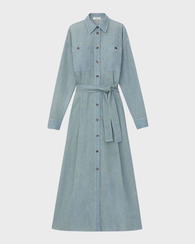Belted A-Line Cotton Chambray Midi Shirtdress