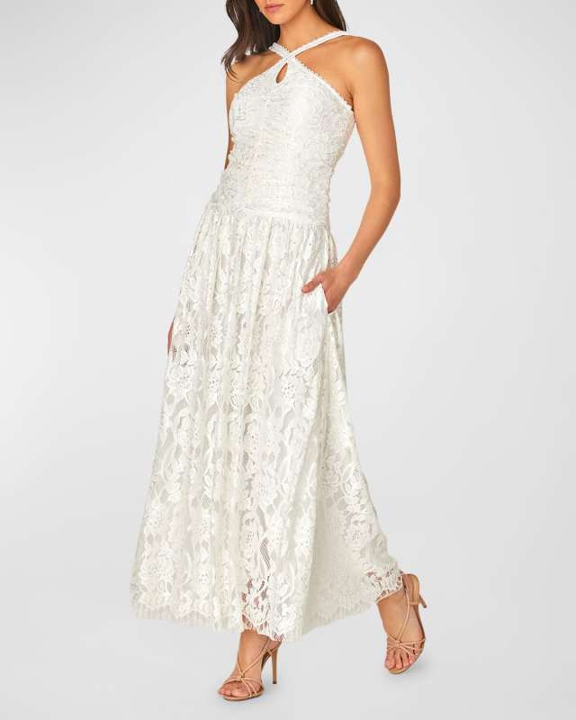 Zania Cutout Floral Lace Halter Maxi Dress