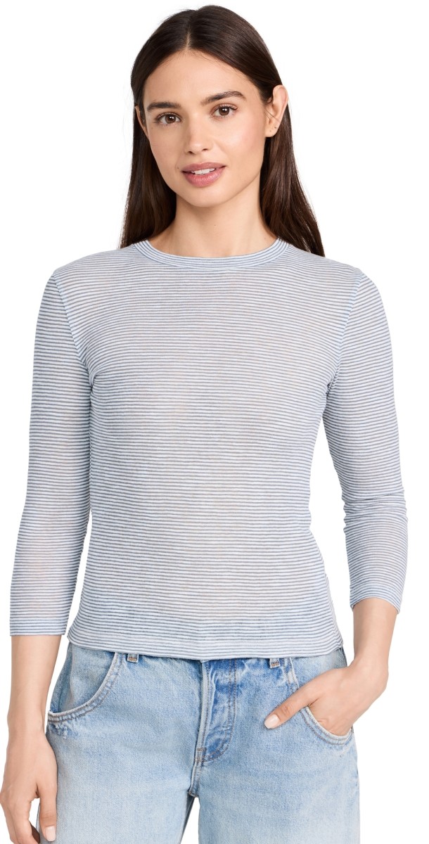 Vince Micro Stripe 3/4 Sleeve Crew Tee Off White/Harbor