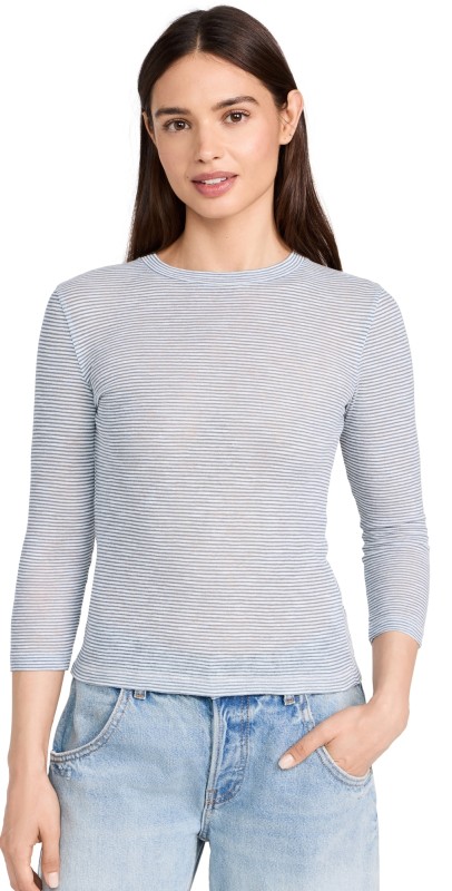 Vince Micro Stripe 3/4 Sleeve Crew Tee Off White/Harbor