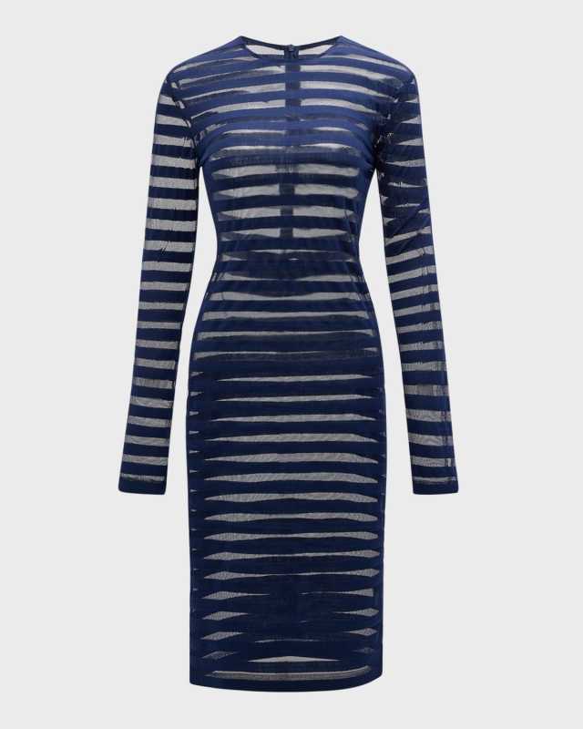 Semi-Sheer Striped Long-Sleeve Dress