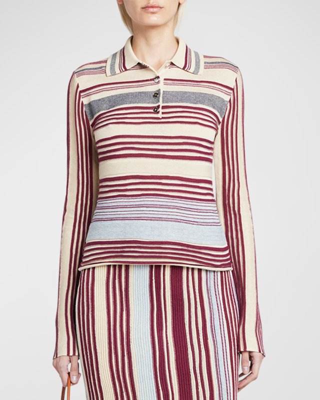 Long-Sleeve Stripe Linen Rib Polo Sweater