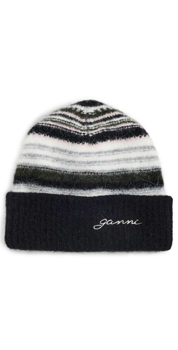 GANNI Striped Soft Wool Beanie Black