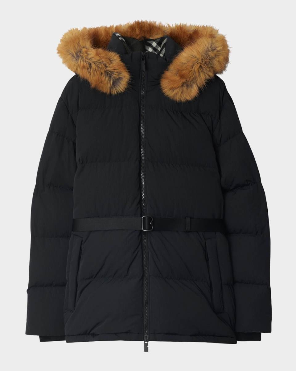 Belted Short Down Jacket With Detachable Hood