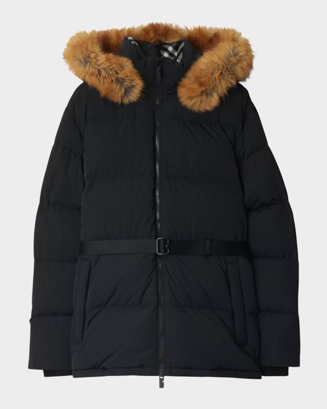 Belted Short Down Jacket With Detachable Hood