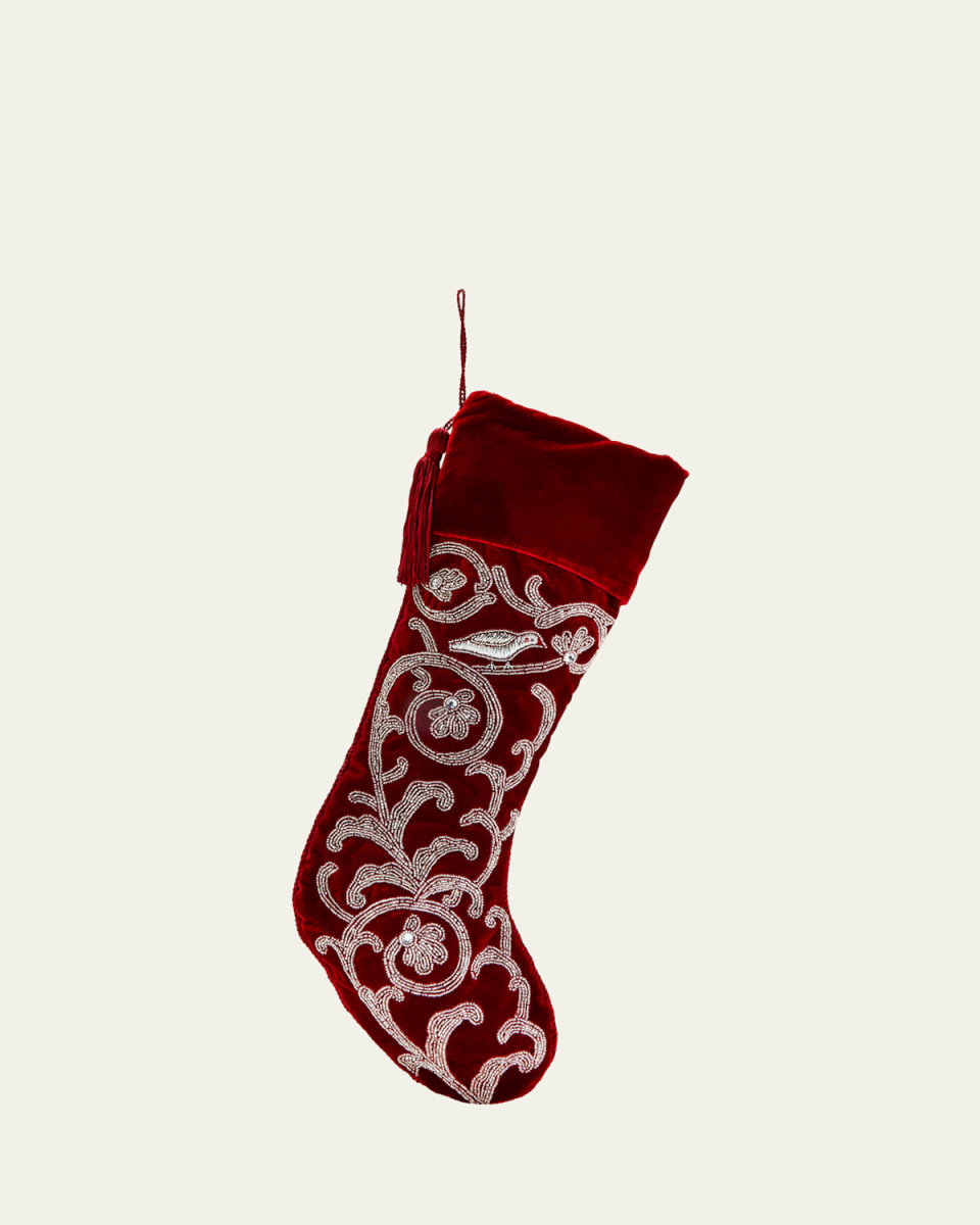 Red Ash Velvet Christmas Stocking with Silver Beading