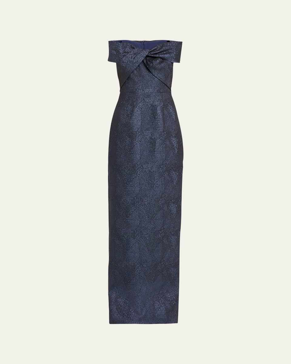 Twist-Front Metallic Jacquard Column Gown