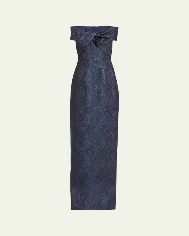 Twist-Front Metallic Jacquard Column Gown