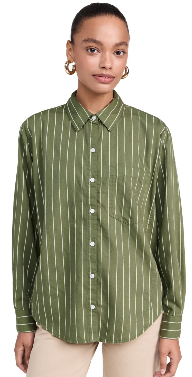 DAZE The Boyfriend Button Down Grass With Ivory Stripe