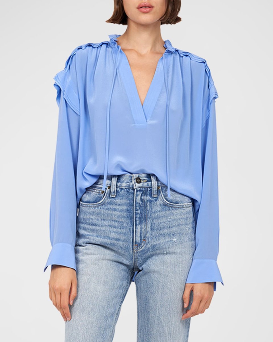 Jaylin V-Neck Ruffle Silk Blouse