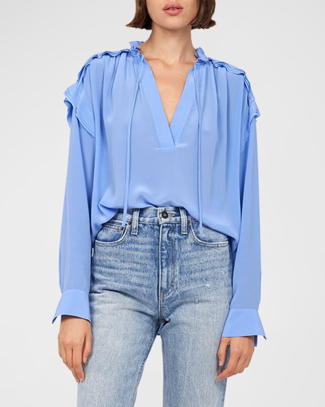 Jaylin V-Neck Ruffle Silk Blouse