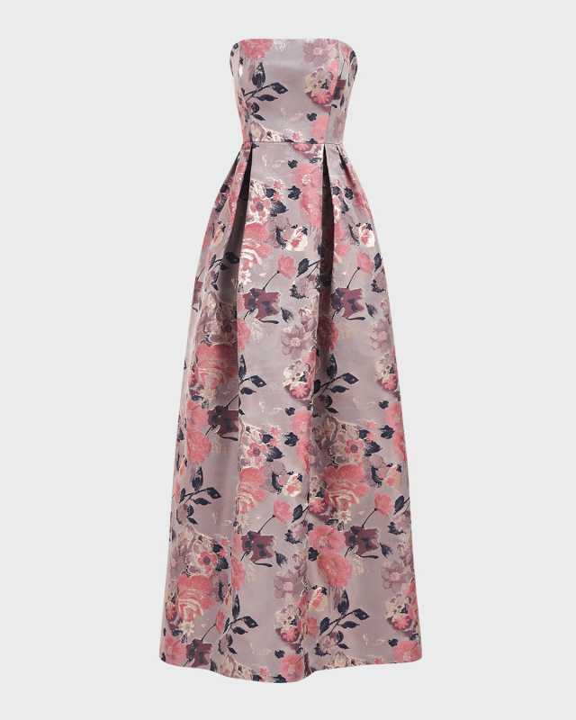 Hera Strapless Pleated Floral Jacquard Gown