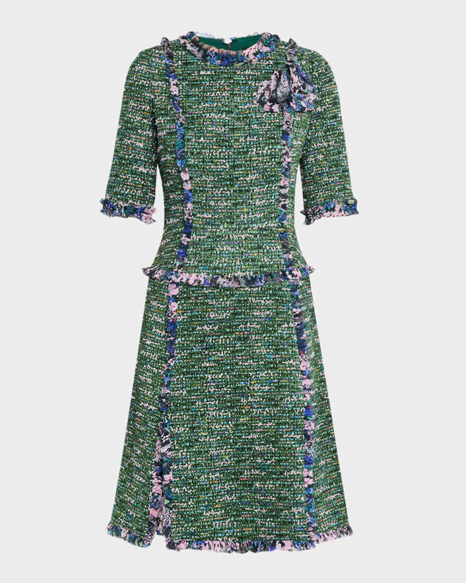 Ruffle-Trim Tweed Midi Dress