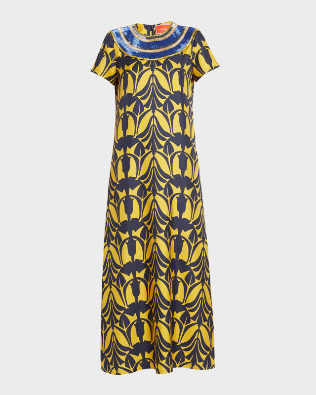 Bead Embroidered Short-Sleeve Maxi Swing Dress